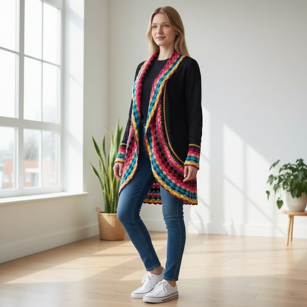 Rainbow Crochet Trim Open Front Cardigan Black Boho Festival Quirky Large
